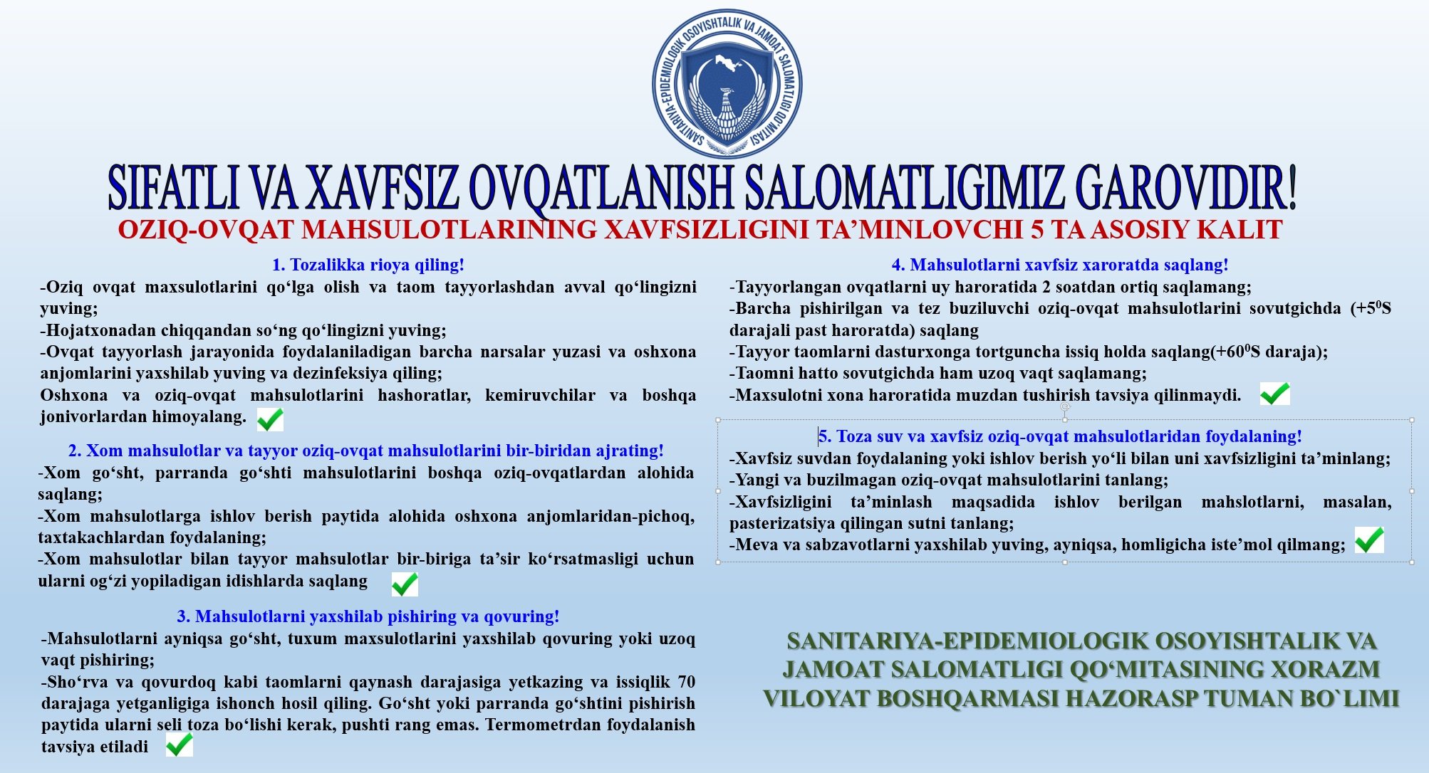 SIFATLI VA XAVFSIZ OVQATLANISH SALOMATLIGIMIZ GAROVIDIR!